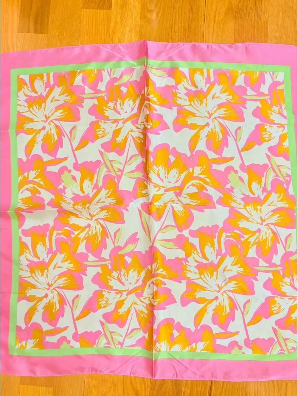 Vintage Floral Scarf Pink Orange Green Square Neck Wrap